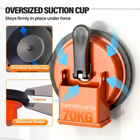 Heavy Duty Suction Cup Floor Gap Fixer with thickened design, supports 70kg, shown in orange with lever handle.