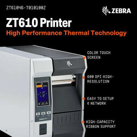 ZT610 4 Inch Thermal Transfer Printer With 600 DPI High Resolution, Color Touch LCD, USB Ethernet Serial Interfaces