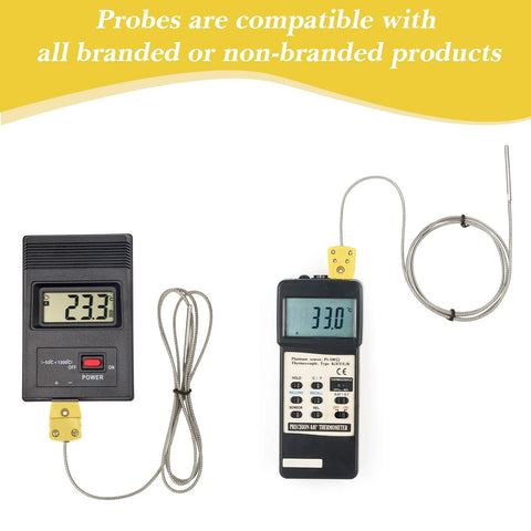 Front view of a 3-piece Type K thermocouple kit with metal braided probes and yellow connectors for thermometers