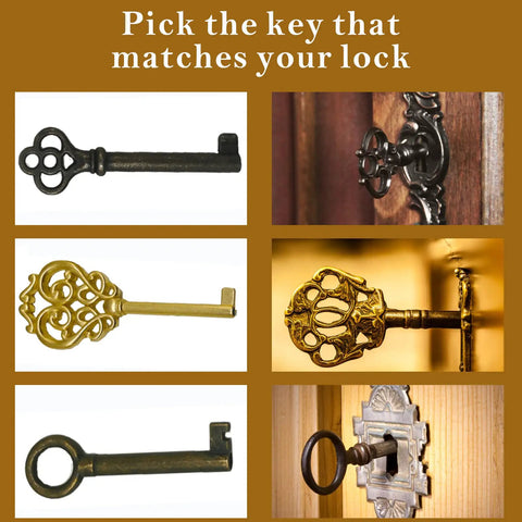 Heavy Duty Ten Piece Skeleton Key Set Milled From Solid Brass For Opening Antique Padlocks And Vintage Door Hardware Fits Like A Glove On Classic Cylinders Delivers Real Deal Operation With Zero Sweat Hassle displayed with four different skeleton keys in various designs.
