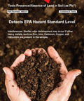 Close-up of hands holding soil above Lead Soil Test Strip Kit packaging with text guidelines for DIY garden checks.