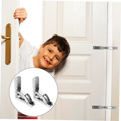 Two folding cabinet hinges with hidden brackets; silver metal hardware for folding doors, tables, and kitchen cabinets.
