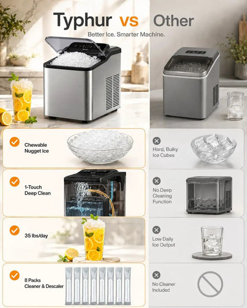 Product comparison image showcasing Top Rated Countertop Nugget Ice Maker With One Touch Deep Cleaning And Sleek Arctic Silver Trim.