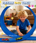 Child playing with Flexible Race Track For Kids 16 Ft Bendable Car Ramp Track Set With 16 Suction Cups in living room