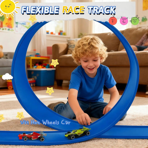 Child playing with Flexible Race Track For Kids 16 Ft Bendable Car Ramp Track Set With 16 Suction Cups in living room