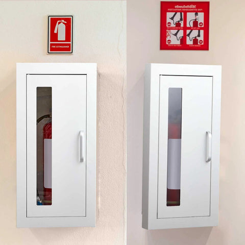 Semi Recessed Fire Extinguisher Cabinet For 10 Pound Dry Chemical Extinguisher Unit Industrial Wall Mount Box With Handle Door White Finish 4 Inch Wall Depth Easy Install Built In Mounting Quick Access Fits Extinguishers Up To 24 Inches High.