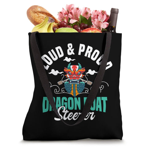 Dragon Boat Tote Bag For Racers And Steers with colorful dragon design filled with groceries, featuring bold 'Loud & Proud' text.