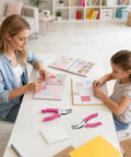 Mother and daughter using Sweet Two Size Hole Punch Set With Soft Grip Handle One Quarter Inch And One Eighth Inch Punches Eight Sheet Capacity Includes Scrap Container Perfect For Paper Crafts Scrapbooks Tags And Tickets for scrapbooking.