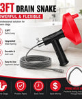 Heavy Duty 33 Foot Drain Snake Auger with ergonomic handle and 33 ft steel cable for stubborn hair clogs in sinks and tubs.