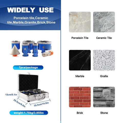 Pro Grade Diamond Core Drill Bit Set For Porcelain Tile Ceramic Marble Brick And Concrete Vacuum Brazed Hole Saw Kit with materials