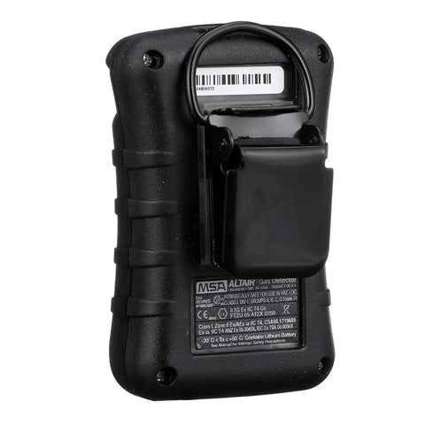 Back view of Single Gas Detector For H2S, Low 10ppm High 15ppm, Portable Black Gas Monitor with clip and UL-listing label