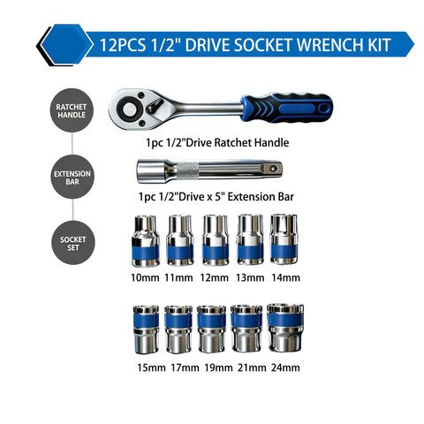 Beefy 12 Piece Socket Wrench Set With Half Inch Drive 10 To 24mm Metric Sockets 45 Tooth Ratchet 5 Inch Extension Bar