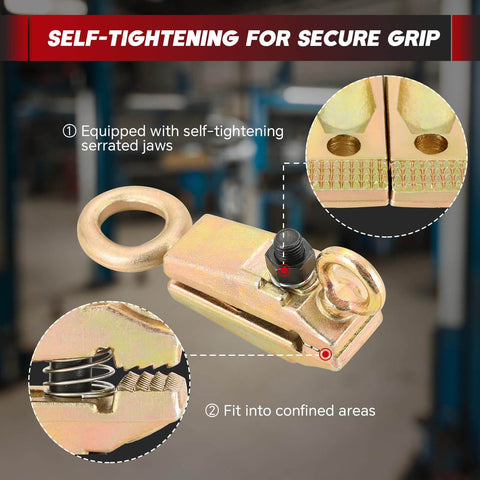 Heavy Duty Workhorse 5 Ton Two Way Auto Body Repair Clamp Tool with Self Tightening Frame Pull Clamps and Anti Rust Grips close-up