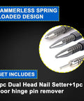 Heavy Duty Spring Nail Set With Heat Treated Steel And Accurate Size Marked Punches That Make Setting Fasteners A Breeze And Removing Hinge Pins A Total Cinch, showcasing dual head nail setters and hinge pin remover.