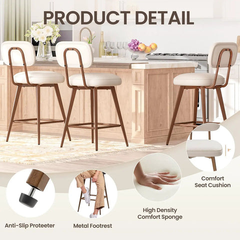 26 Inch Swivel Bar Stools Set Of 2 Beige PU Leather Counter Height Chairs With Low Back And Metal Legs next to a kitchen island.