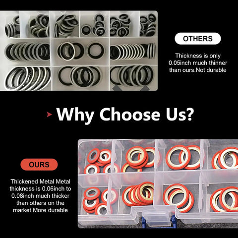 Comparison of Heavy Duty AC Compressor Port Seal Washers 30 Piece Set. Thick metal seals highlighted, showing durability and size differences.