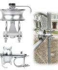 Two Piece Sliding Gate Rollers Galvanized Steel Hardware Kit For Two Inch Gate Frame And One Seven Eighths Inch Or One Five Eighths Inch Track Pipe With Double U Bolts For Chain Link Gates showing close-up installed on fence.