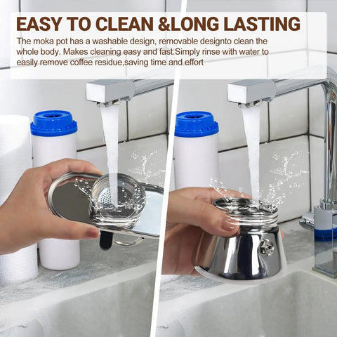 Premium Stainless Steel Moka Pot With Heavy Duty Dual Pipe Flow Tech For Pullin Quick Stovetop Espresso On Gas Or Induction Cooktops cleaning under running water.