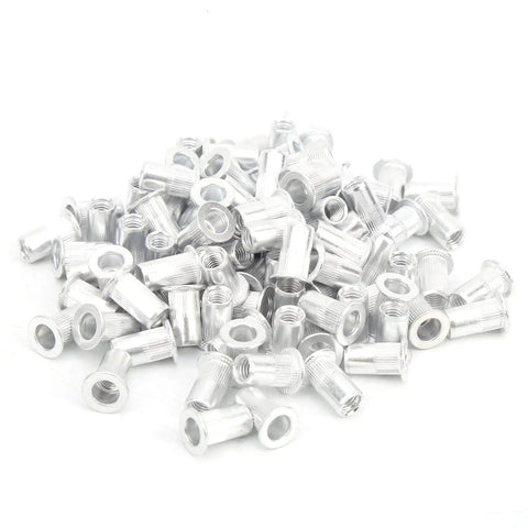Heavy Duty Pull Riveting Nuts Set In Aluminum 100 Pieces Flat Head M3 To M10 For Metal Plate Fastening And Pipe Assemblies Versatile Automotive Furniture Aviation And More on a white background