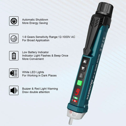 Non Contact Voltage Tester With 9 Gear Adjustable Sensitivity, LCD display, LED flashlight, buzzer alarm specifications