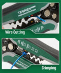 Close-up of Self Adjusting Wire Stripper With Non Contact Voltage Detection 4 In 1 Automatic Wire Stripping Tool, cutting and crimping wires.