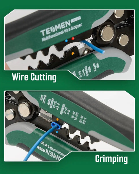 Close-up of Self Adjusting Wire Stripper With Non Contact Voltage Detection 4 In 1 Automatic Wire Stripping Tool, cutting and crimping wires.