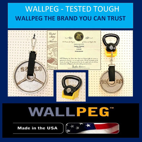 Wallpeg display with weight plates and hooks, showcasing Wallpeg tested toughness and made in USA branding.