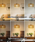 Slick Battery Operated Chandelier With Remote, 11.8 Inch Woven Rattan Cordless Pendant Light showcasing three temperature settings and stepless brightness adjustment.