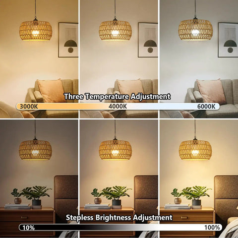 Slick Battery Operated Chandelier With Remote, 11.8 Inch Woven Rattan Cordless Pendant Light showcasing three temperature settings and stepless brightness adjustment.