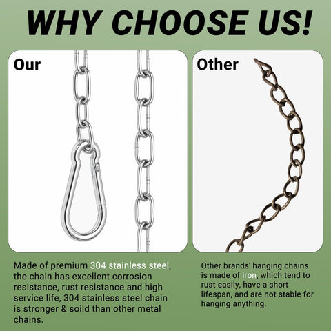 Comparison of Heavy Duty And Light Duty Stainless Steel Hanging Chain With Two Detachable Links, 9.8 Feet, 0.08 Inch Thick, 304 Stainless Steel versus competitive iron chain.