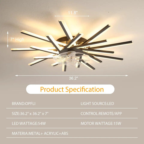 Cool Low Profile Ceiling Fan With Dimmable Light, Black Flush Mount, 36-inch Modern Minimalist Design, Product Specification Sheet.