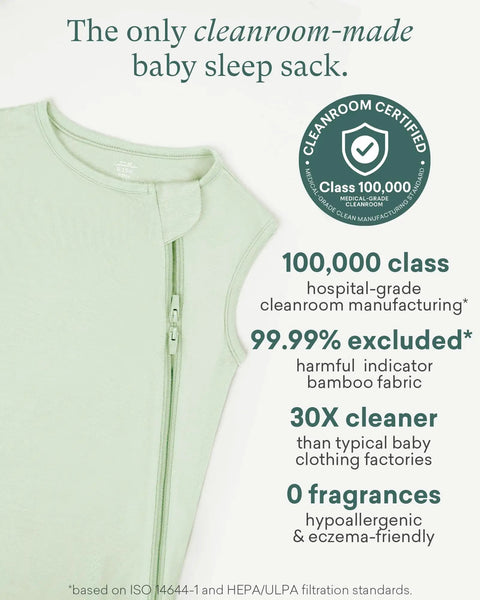 Supersoft Baby Sleep Sack 0.5 TOG Bamboo Viscose Sleeping Bag for 6-15 Months in Sage, cleanroom certification details.