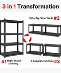 3-in-1 transformation of Garage Shelves 4 Tier Metal Storage Rack In Black 63 Inch High By 45 Inch Wide By 16 Inch Deep Heavy Duty