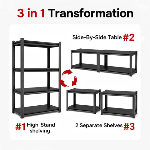 3-in-1 transformation of Garage Shelves 4 Tier Metal Storage Rack In Black 63 Inch High By 45 Inch Wide By 16 Inch Deep Heavy Duty