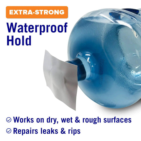Heavy Duty Marine Grade Leak Stopping Tape, 15 Ft By 4 In, Waterproof Patch applied on water jug showcasing extra-strong waterproof hold