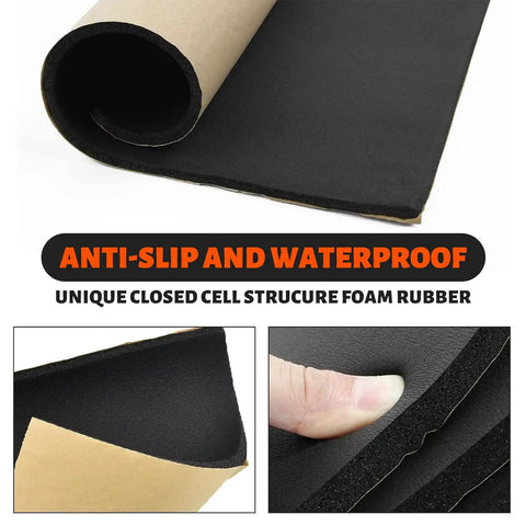 Heavy Duty 3/4 Inch Thick Neoprene Foam Sheet Roll With Snap And Peel Adhesive Backing For Dead Quiet Soundproofing And Zero Hassle Cosplay Padding In Sharp Black, showing the foam texture and adhesive backing.