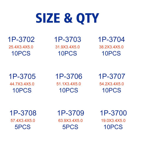 Heavy Duty Nitrile 90 Shore D Ring Kit With 9 Sizes And 80 Printed Rings For Hydraulic Hose Fittings, size chart displayed.