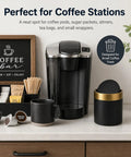 Mini Desktop Trash Can With Swing Lid Sleek Black And Brushed Gold Rim 1.5 Liter Capacity Compact 5.2 Inch Tall And 4.7 Inch Diameter Great For Desk Vanity Bathroom Coffee Bar And Office next to coffee machine and mugs