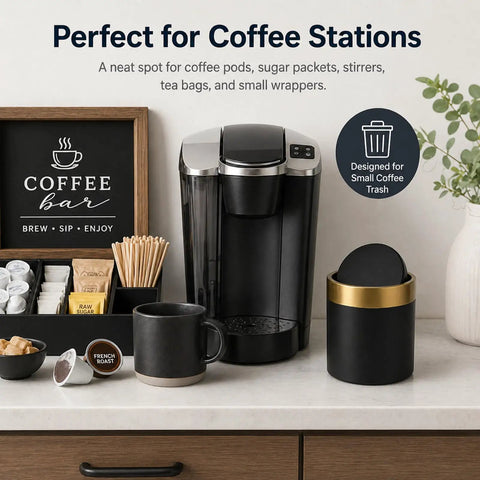 Mini Desktop Trash Can With Swing Lid Sleek Black And Brushed Gold Rim 1.5 Liter Capacity Compact 5.2 Inch Tall And 4.7 Inch Diameter Great For Desk Vanity Bathroom Coffee Bar And Office next to coffee machine and mugs