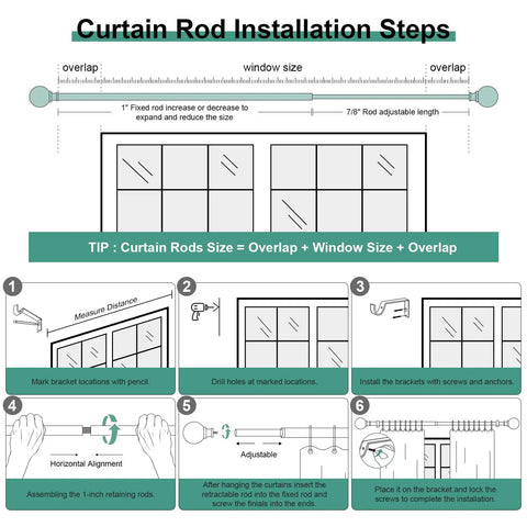 Wood Curtain Rod Set With Adjustable 36 To 120 Inch Length, 1 Inch Diameter, Imitation Wood Grain Finish, installation steps diagram