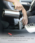 12V Car Kettle Boiler 650ml Travel Water Heater for Car With Double Layer 304 Stainless Steel And DC 12V Charger Electric Kettle for Road Trips Car Coffee Cup Warmer Hot Water Maker in use inside a car.