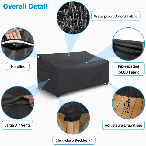 Heavy Duty Waterproof Outdoor Sofa Cover For A 3 Seater Loveseat, All Weather Protection, Snug Fit With Adjustable Strap, black cover with features.