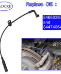 Rear disc brake pad wear sensor cable, black with plug end; installed on GM SUV brake caliper.