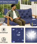 Extra Thick 5 Inch Waterproof Porch Swing Cushions For 60 Inch Three Seater Outdoor Swing With Backrest Ties Navy Blue Fade Resistant Outdoor Patio Bench Cushions shown on swing