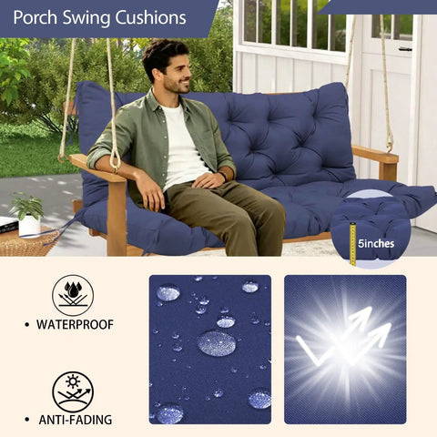 Extra Thick 5 Inch Waterproof Porch Swing Cushions For 60 Inch Three Seater Outdoor Swing With Backrest Ties Navy Blue Fade Resistant Outdoor Patio Bench Cushions shown on swing