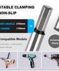 Stable clamping non-slip round handle and hex shank for versatile drilling with electric, cordless, and aircraft models.