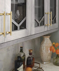 Davenport Champagne Bronze Cabinet Pull Six and a Half Inch Overall Length Five and One Sixteenth Inch Center to Center installed on cabinet
