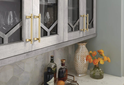 Davenport Champagne Bronze Cabinet Pull Six and a Half Inch Overall Length Five and One Sixteenth Inch Center to Center installed on cabinet