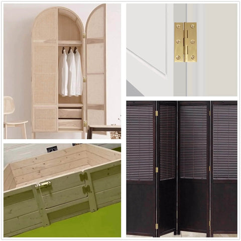 Collage showing Brass Mini Folding Butt Hinges Set Of 4 for drawers, cabinets, doors, jewelry boxes, and small furniture.