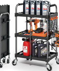 Foldable 3 Tier Rolling Tool Cart On Wheels With 330 Lb Capacity, Heavy Duty Tool Chest Organizer, Shelf And Cabinet For Garage, Shop, Warehouse, Portable Black, shown folded and open with wheels, hooks, and storage shelves.